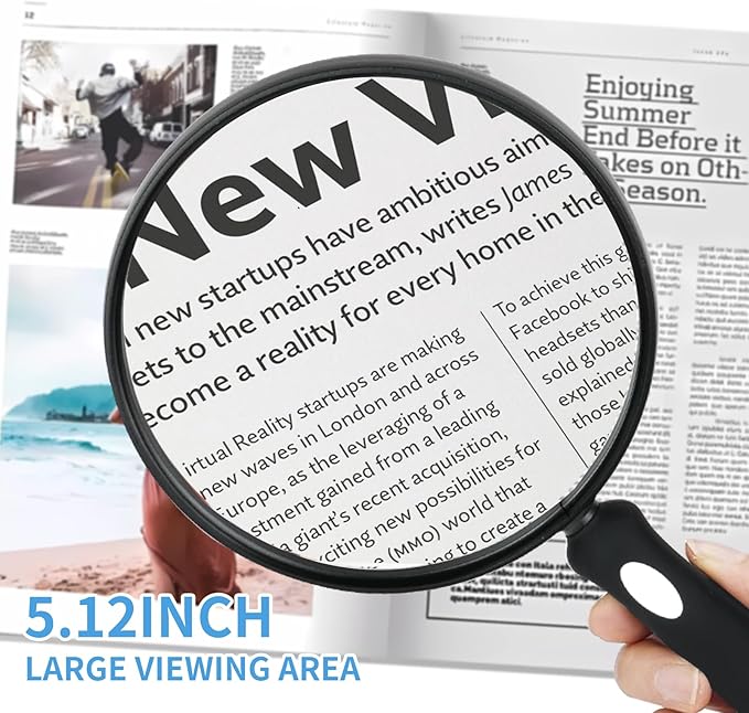 10X Large Magnifying Glass for Reading, Upgraded Handheld Magnifier with 5.12inch Anti-Glare Lens, Non-Slip Handle for Close Work, Seniors Reading, Kids Nature Exploration, Hobby Observation