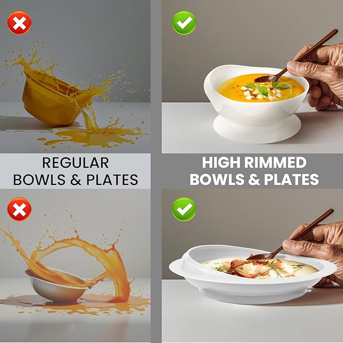 2Pack Spill Proof Scoop Plate with Non-Skid Suction Base, Adaptive Self-Feeding Dinnerware for Elderly and Disabled(White)