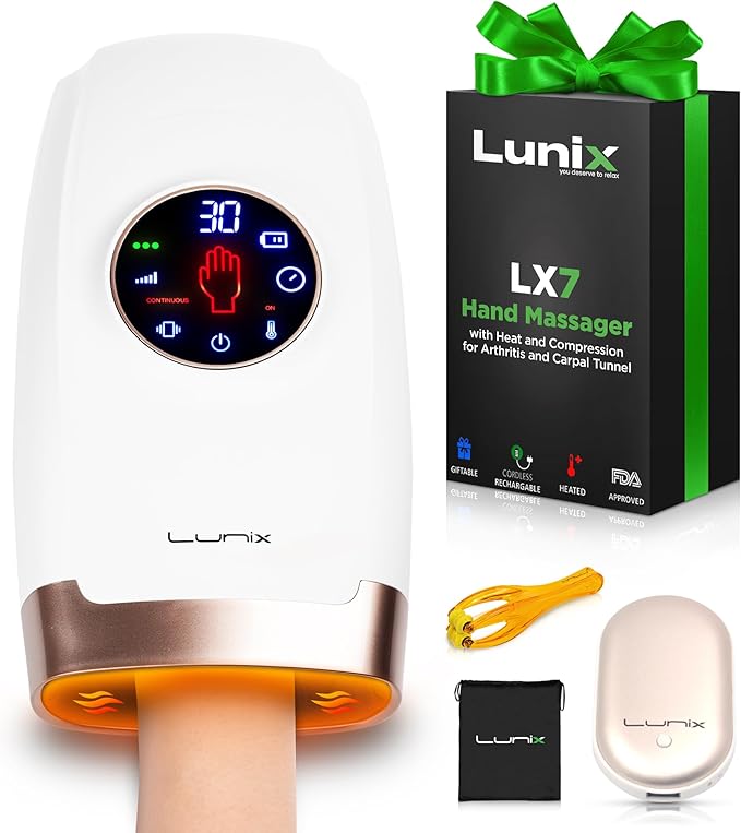 Lunix LX7 FSA Hand Massager with Heat and Compression, Pressure Point Therapy for Arthritis, Pain Relief and Carpal Tunnel, with Hand Warmer, White