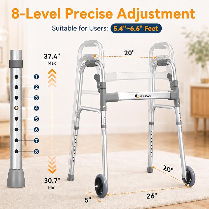 WHLICKS Standard Walkers for Seniors with 2 Skis and 5" Wheels | Folding Walker with 8 Height Adjustment, Lightweight Aluminum Frame, Easy to Assemble and Storage, Supports 300 lbs