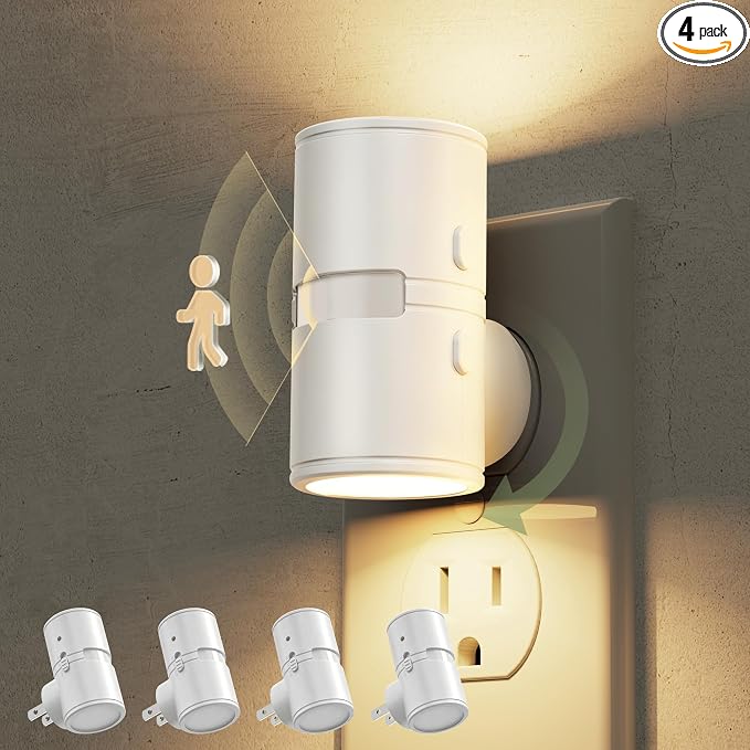 L LOHAS LED Motion Sensor Night Light, Motion Sensor Light Indoor, Rotating | Motion Activated Night Lights Plug into Wall,Amber-3000K-5000K,10-50-100%LM, Mini,Hallway Bathroom Travel[White Shade,4 Pack]