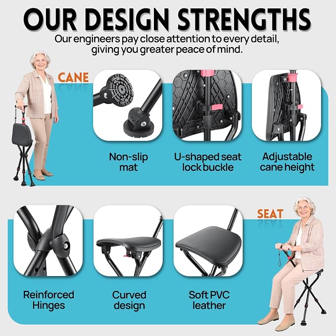 300-Pound Capacity Folding Cane with Seat, Adjustable Seat & Cane Height, Portable, Non-Slip Pads, Suitable for Middle-Aged & Senior Users, Daily Walking, Waiting in Line & Travel
