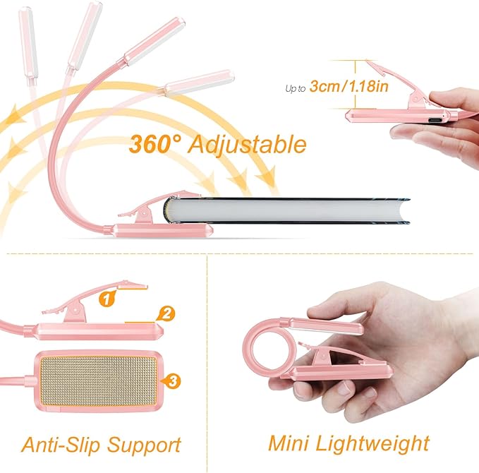 Gritin 9 LED Rechargeable Book Light for Reading in Bed - Eye Caring 3 Color Temperatures,Stepless Dimming Brightness,80 Hrs Runtime Small Lightweight Clip On Book Reading Light for Studying-Pink