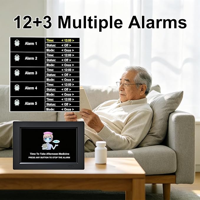 8 Inch Black Digital Dementia Clock, Large Display Calendar Clock, 15 Medication Reminders, Auto DST, Auto Brightness Adjustment, Equipped with Remote Control