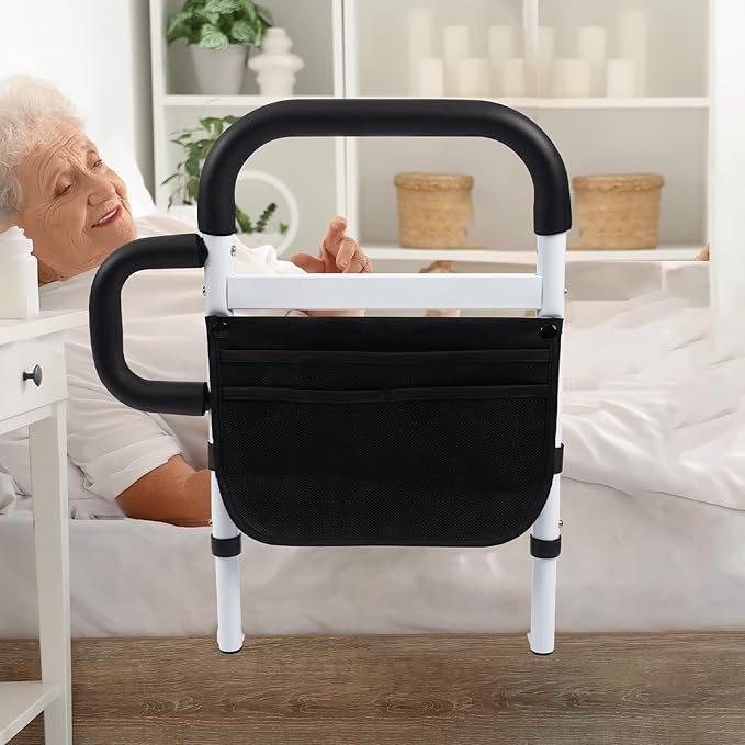 Klvied Bed Rails for Elderly Adults Safety, Adjustable Bed Side Rails with Side Handle, Bed Cane with Motion Light and Storage Bag, Fit King, Queen, Full, Twin,Medium