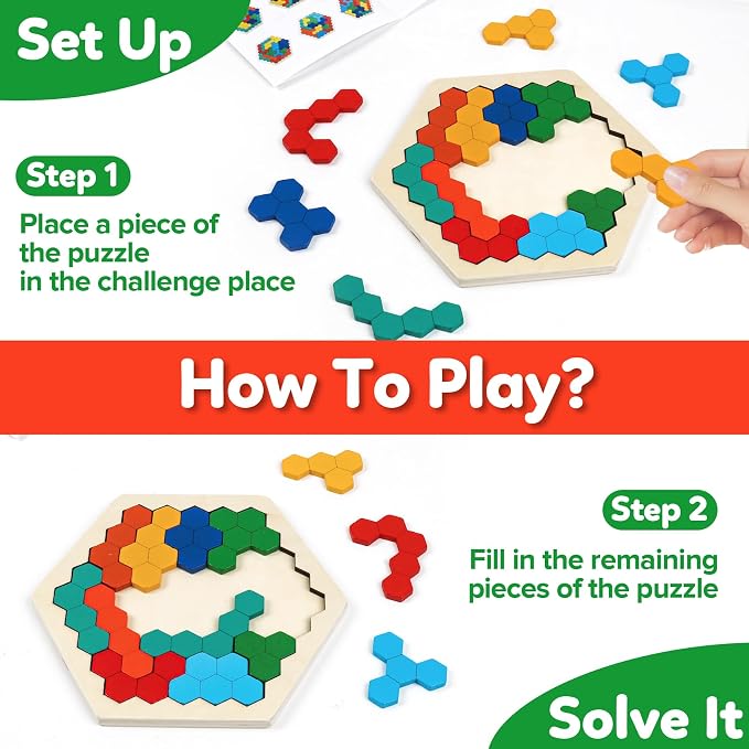 Wooden Puzzles,Geometric Shape Logic Hexagon Puzzle Toys Brain Teasers STEM Montessori Educatioanl IQ Board Games Easter Basket Stuffers Gift for Kids Boys Girls Ages 3+ (4 Pack)