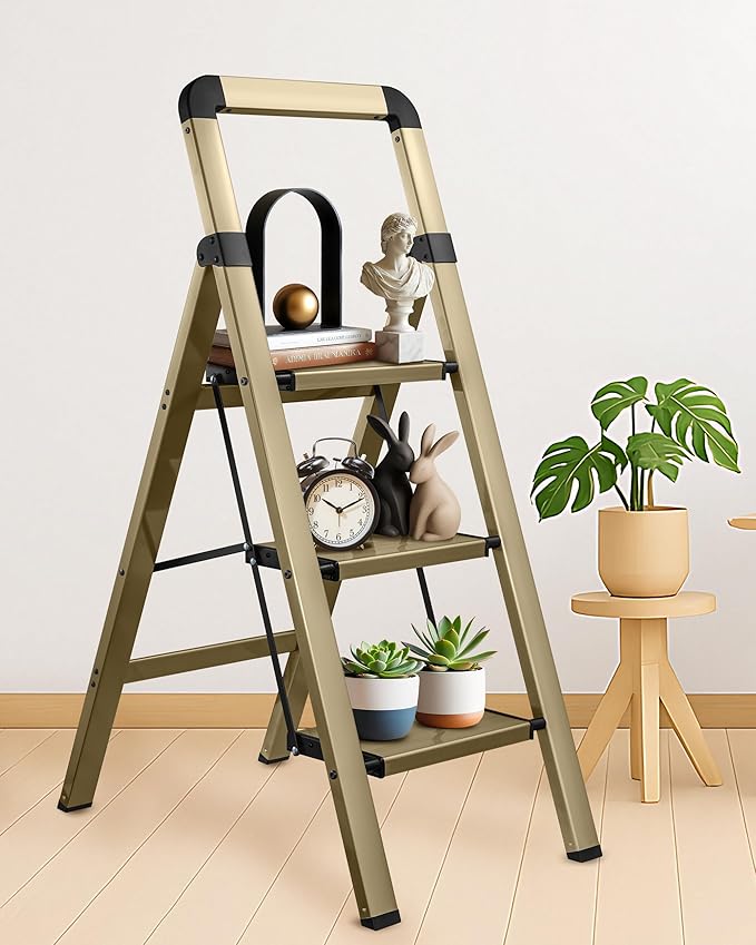 Step Ladders Folding 5-Step Champagne Gold Finish Aluminum Foldable Step Stool,Anti-Slip Portable Sturdy for Home & Kitchen Office 330 lbs