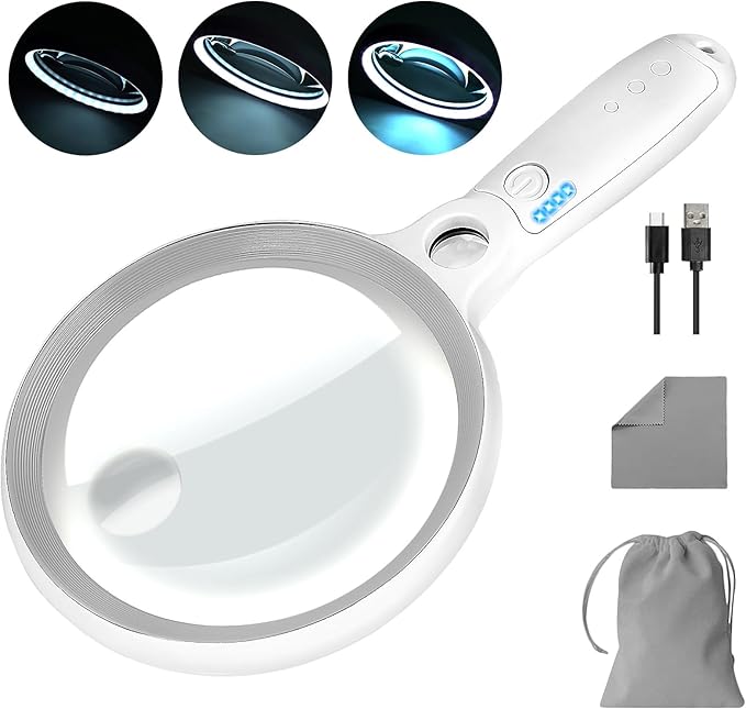 Large Magnifying Glass with 37 LED Light, 10X 20X 45X Handheld Illuminated Lighted Magnifier with 3 Light Modes Rechargeable Magnifying Glass for Seniors Reading, Inspection (Grey & White)