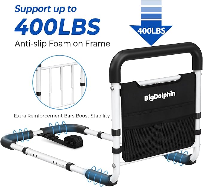 Bed Rails for Elderly Adults Safety - ASTM Approved, Adjustable Bed Cane with Non-Slip Ergonomic Handle & Storage Pocket, Bed Railings for Seniors Support 400 LBS, Tool-Free Assembly