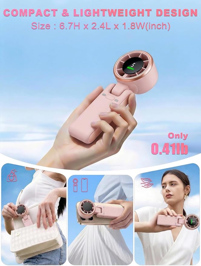Portable Handheld Turbo Fan, 5 Gear Wind, Battery Operated, Up to 13 Working Hours Rechargeable Fan, 3 IN 1 Hand Fans with Air Turbo Tech Cooling Fan for for Travel, Beach, Outdoor - Pink