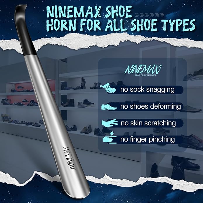 NINEMAX Shoe Horn Long Handle Metal 16.5" for Boot, Long Shoe Horns for Seniors for Men, Women