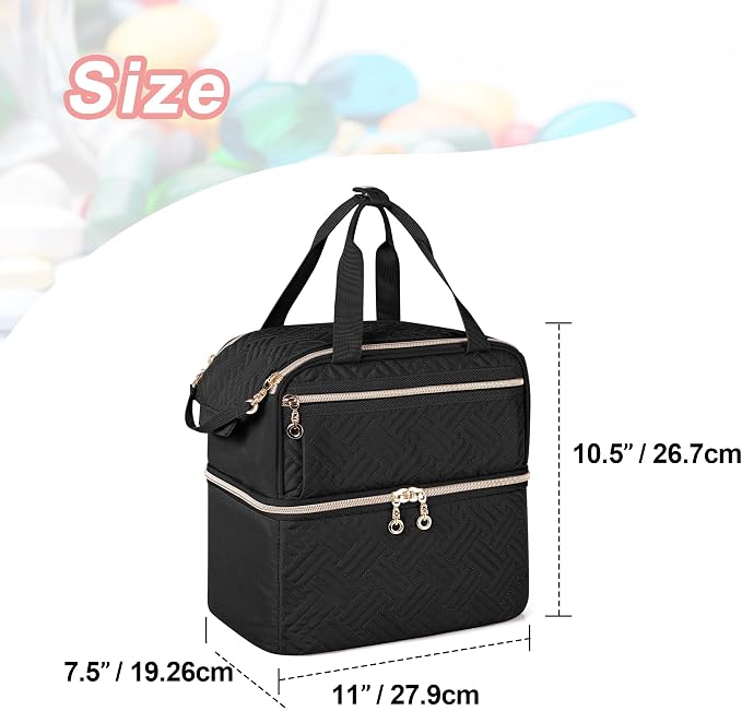 Damero Double Layers Pill Bottle Organizer Empty with 4 Customized Dividers | Lockable Medicine Storage Bag Medication Travel Bag for Prescription Bottles, Medical Supplements, Black