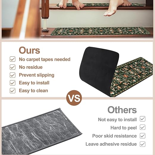 OJIA Black Stair Treads Non-Slip Stair Runner for Wooden Steps 4PCS 30"x8" | Floral Indoor Carpet Stair Treads Stair Mats Staircase Step Treads for Kids, Elders and Dogs, Stair Covers, Black