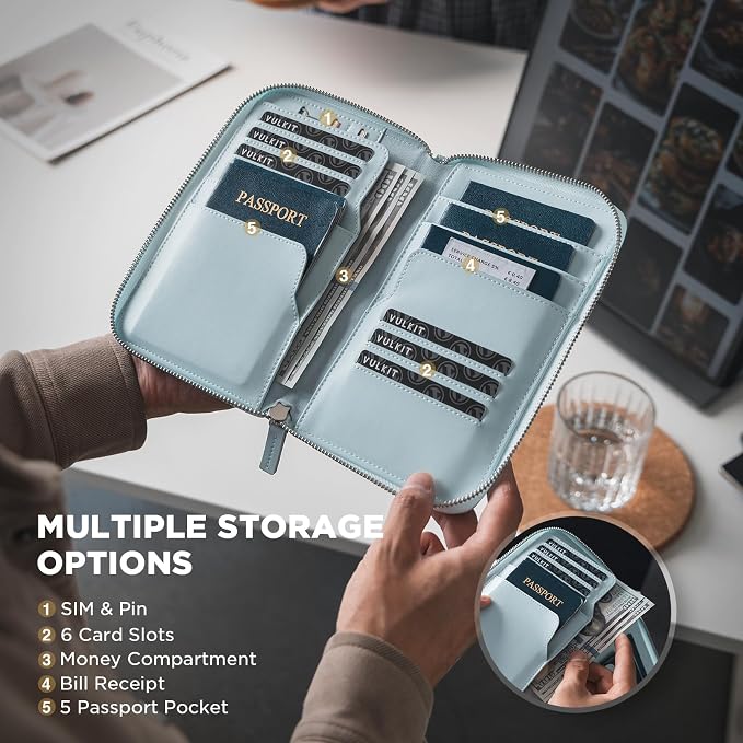 VULKIT Family Passport Holder for 4 Passports, RFID Blocking Travel Wallet | 6 Card Slots, 2 SIM Pockets, Secure Zipper Closure, Holds 4 Passports, Family Travel Essential