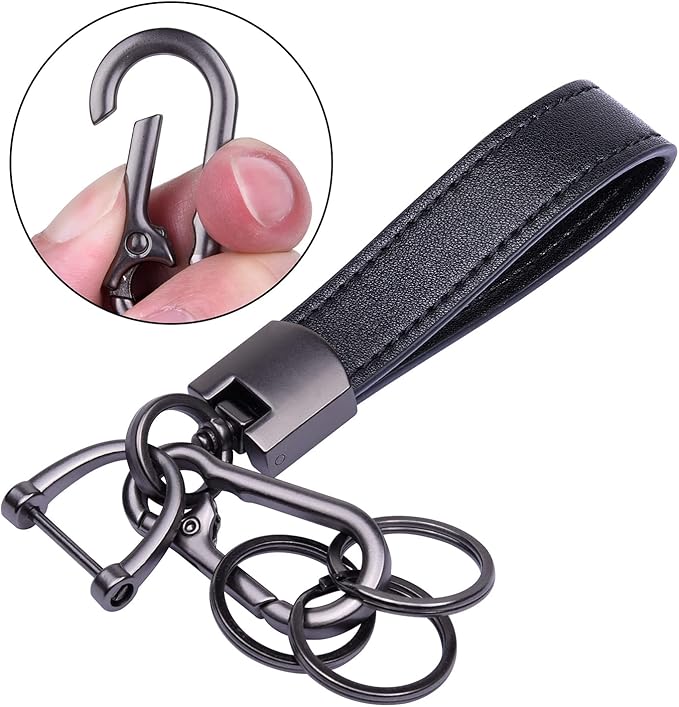 Wisdompro Genuine Leather Car Keychain, Universal Key Fob Keychain | Leather Car FOB Key Chain Holder for Men and Women, 360 Degree Rotatable, with Anti-lost D-ring and 3 Keyrings