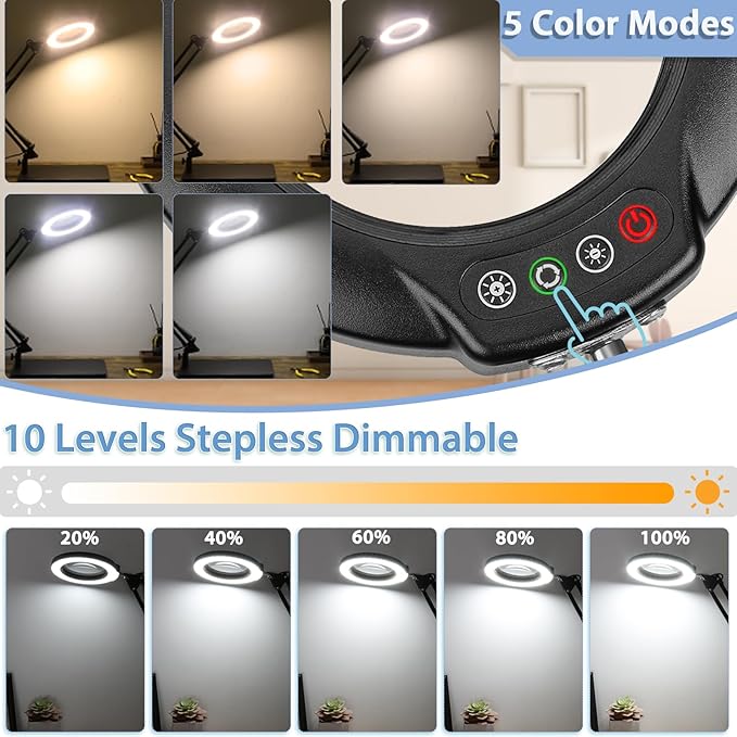 Drdefi 12X Magnifying Glass with Light and Stand, 2-in-1 Magnifying Desk Lamp Rectangular Base & Clamp, 5 Color Modes Stepless Dimmable, LED Lighted Magnifier Hands Free for Painting Sewing Craft