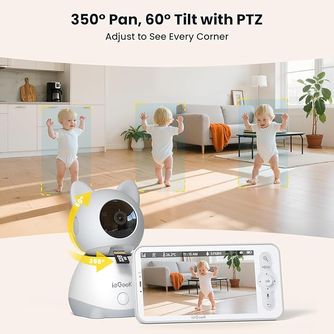 ieGeek Baby Monitor with 5" HD Screen, 2K Camera & Night Vision – WiFi/No-WiFi Dual Mode, PTZ, Cry/Motion Detection, 2-Way Audio, Temp/Humidity Sensor, Auto Tracking, Secure App & Remote Contro