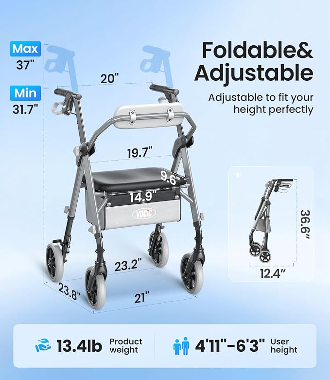 VOCIC Z12 Walker for Seniors with Seat, 13.4 LBS Ultra Light, 350 LBS | Ergo Seat & Backrest for Comfort, Height Adjustable & Easily Foldable for Seniors, All Terrain Wheels, Silver