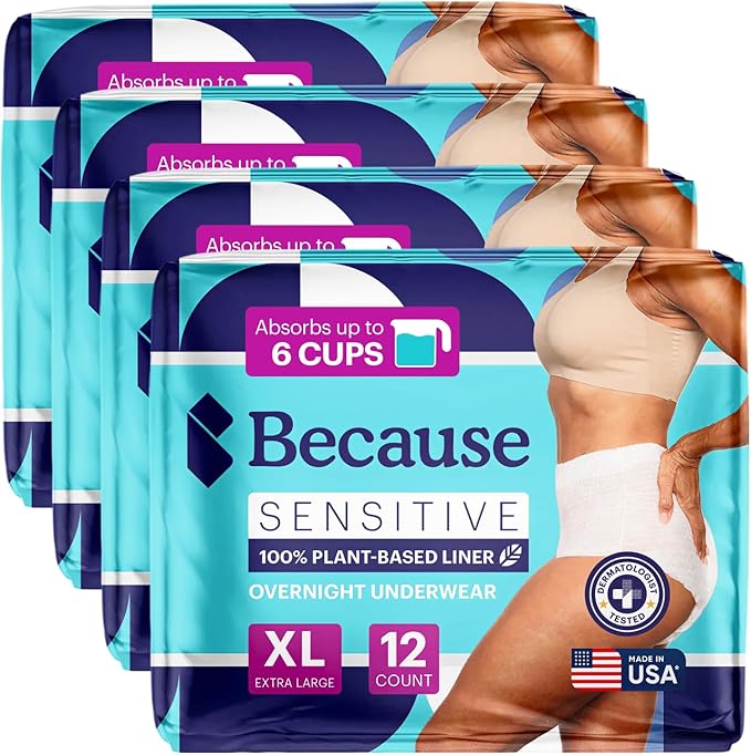 Because Adult Incontinence Underwear for Sensitive Skin - Women - Premium Overnight Disposable Briefs, Anti Odor - White, X-Large - Absorbs 6 Cups - 48 Count (4 Packs of 12)