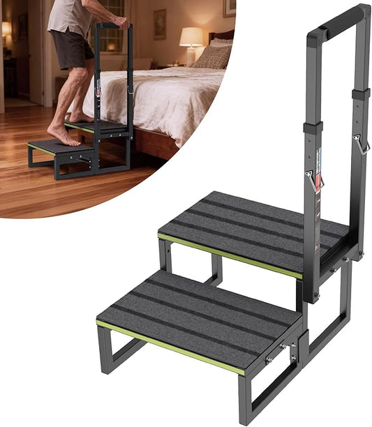 2 Step Stool with Handle for Elderly,Bed Steps for High Beds for Adults,Seniors,Heavy Duty Step Stool with Adjustable Handrail/Removable Cover/Glow Strip for Bathtub,Kitchen,RV
