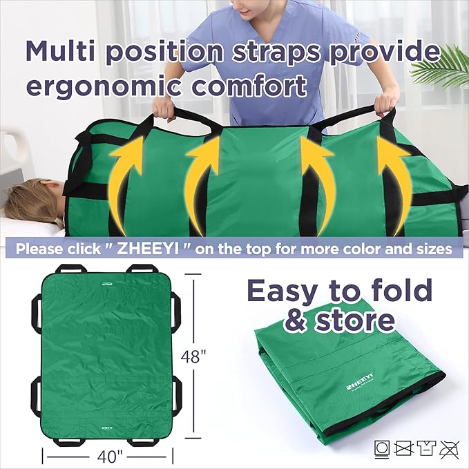 Multipurpose 48" x 40" Positioning Bed Pad with Reinforced Handles - Reusable & Washable Patient Sheet for Turning, Lifting & Repositioning - Double-Sided Nylon Fabric, Green
