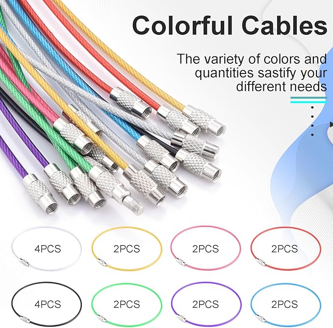 CooBigo 20Pack 10" Large Wire Key Chain Rings Big Cable Keychain 2mm Stainless Steel Wire Luggage Tag Loops Car Keyrings Women Bracelets Beads (Assorted)