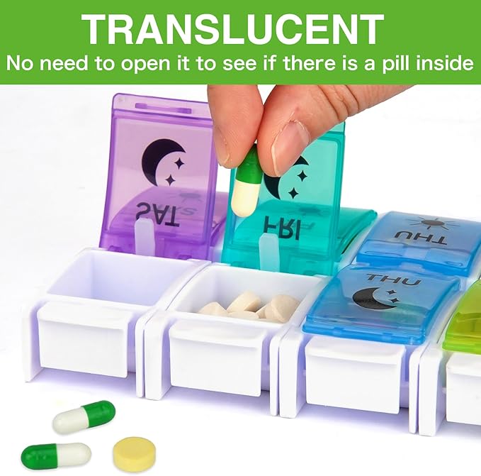 DailyRest Pill Organizer 2 Times a Day, 1 Pack Day Night Pill Case, Detachable Push Button Design, Large Compartment Weekly 7 Day Pill Box, Medicine Organizer for Fish Oil/Vitamins/Supplements