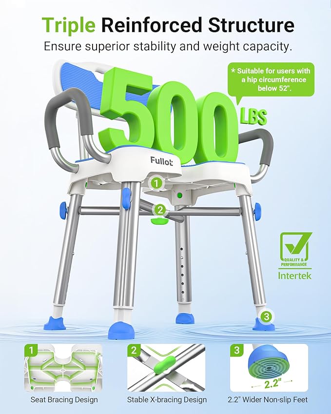 Ergonomic H-Shaped Shower Chair for Elderly and Disabled with Padded Back & Arms,500 lbs Heavy Duty Adjustable Shower Stool Seat for Easy Cleaning, Anti-Slip Bath Chairs for Bathtub