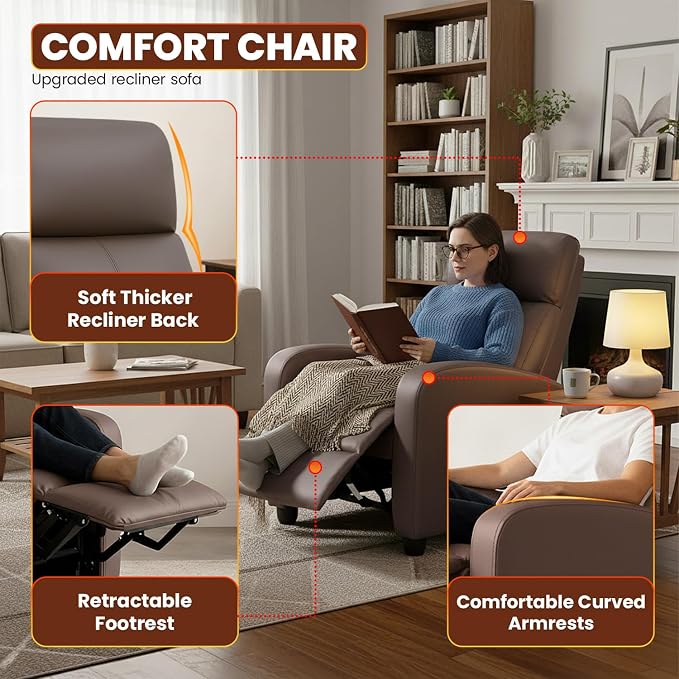 BestMassage | Recliner Chair | No Massage Function | Pu Brown | with Lumbar Support, Adjustable Push Back, Wide Armrests, Footrest & Padded Seat | Easy Assembly | for Living Room, Home Theatre