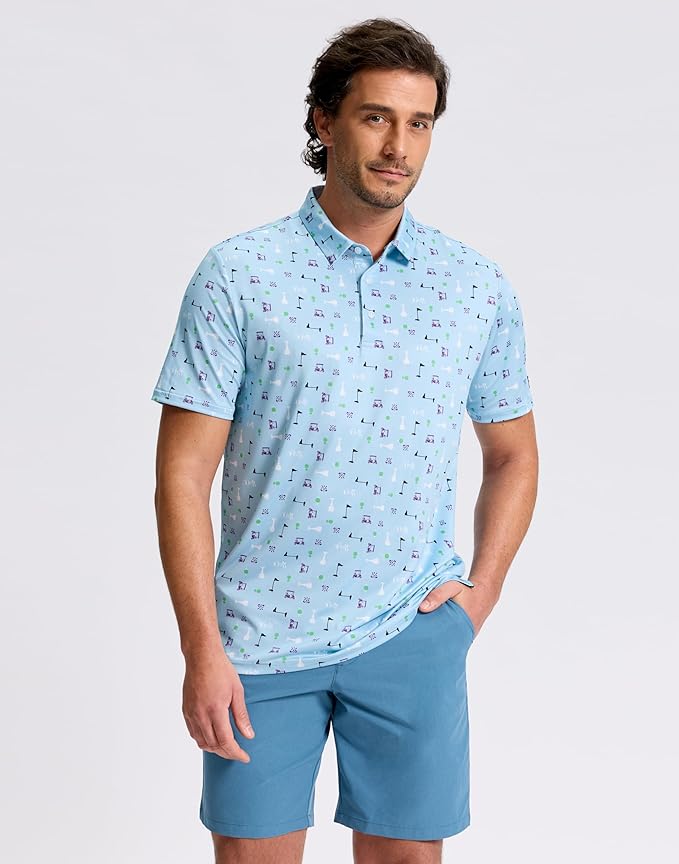Obla Mens Golf Polo Shirts Short Sleeve Dry Fit Performance Moisture Wicking Casual Print Collared Golf Shirts for Men