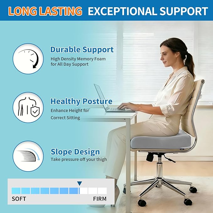 YOUFI Extra Thick Large Seat Cushion -19 X 17.5 X 4 Inch Gel Memory Foam Cushion with Carry Handle Non Slip Bottom - Pain Relief Coccyx Cushion for Wheelchair Office Chair (Gray)