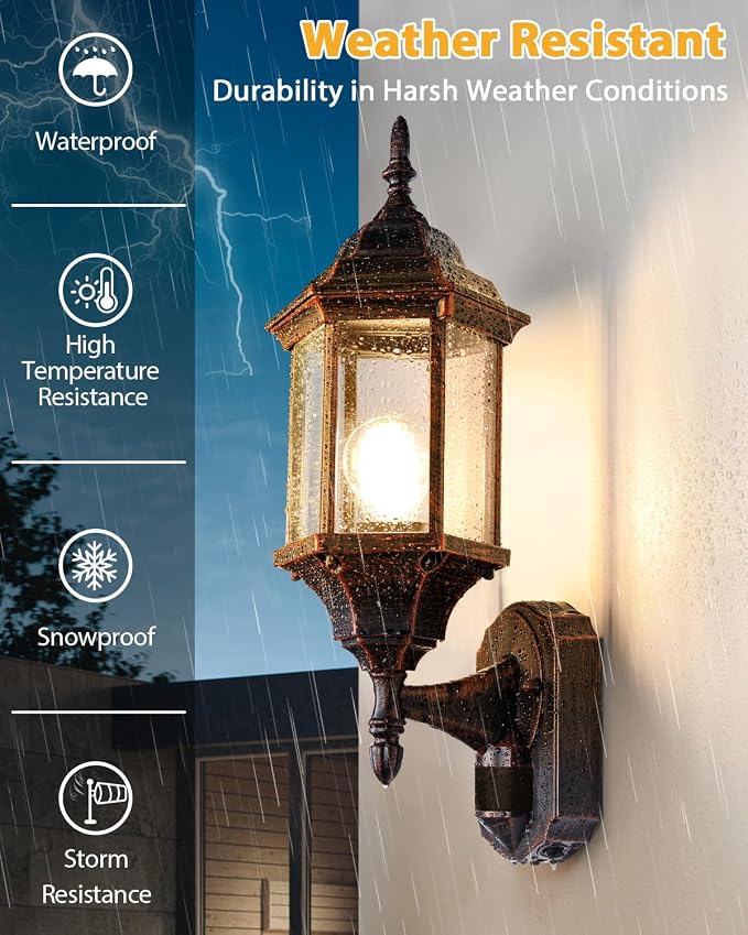 Redluck Motion Sensor Outdoor Lights, 16 inch Dusk to Dawn Outside Porch Lights, Waterproof Anti-Rust Aluminum Outdoor Wall Lights for House, Garage, Front Door, Antique Black and Bronze Gold