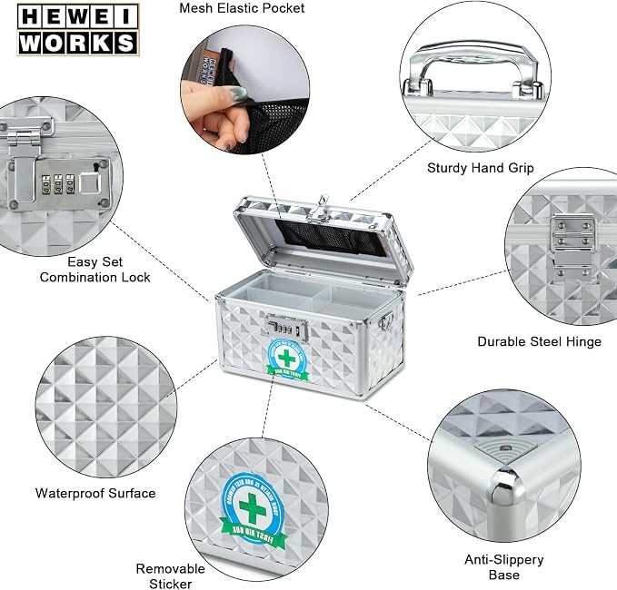 Storage Lock Box with Combination Lock, Lockable Medicine Storage Box, Empty First Aid Box, Security Lock Box, Multipurpose Locking Box for Home and Outdoor Use (Silver, Small)