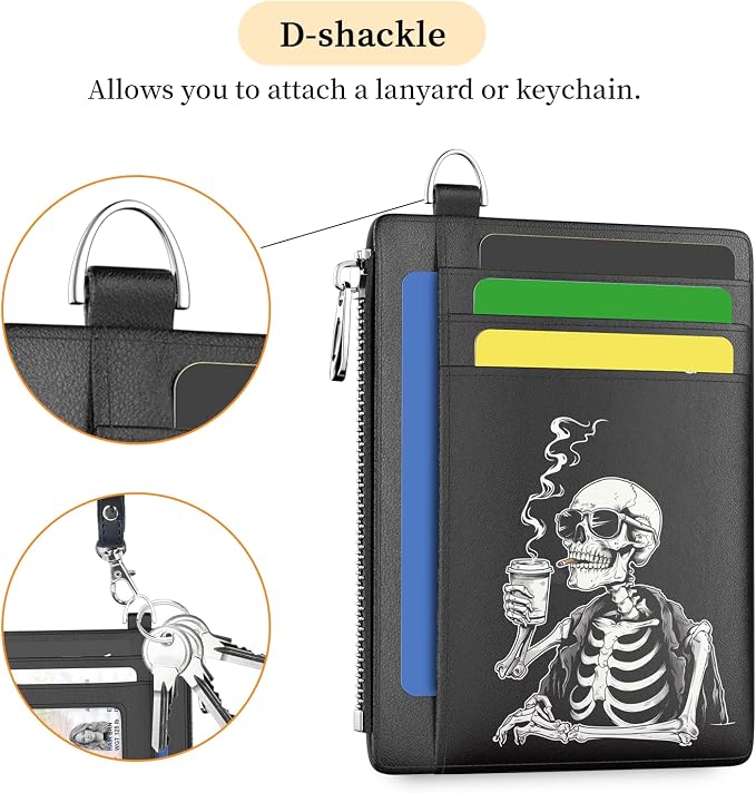 Hancynir Slim Wallet Women Credit Card Holder, Skull Skeleton Small RFID | Zipper Pocket Wallet, Thin Coin Purse, PU Leather, Minimalist Travel Card Case, 6 Card Slots, ID Window, Ladies Wallet Gifts