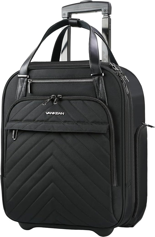 VANKEAN Carry On Underseat 16-inch Multi-functional Underseater Lightweight Overnight Suitcase with Wheels Roller Case for Women Men Travel Business, Black