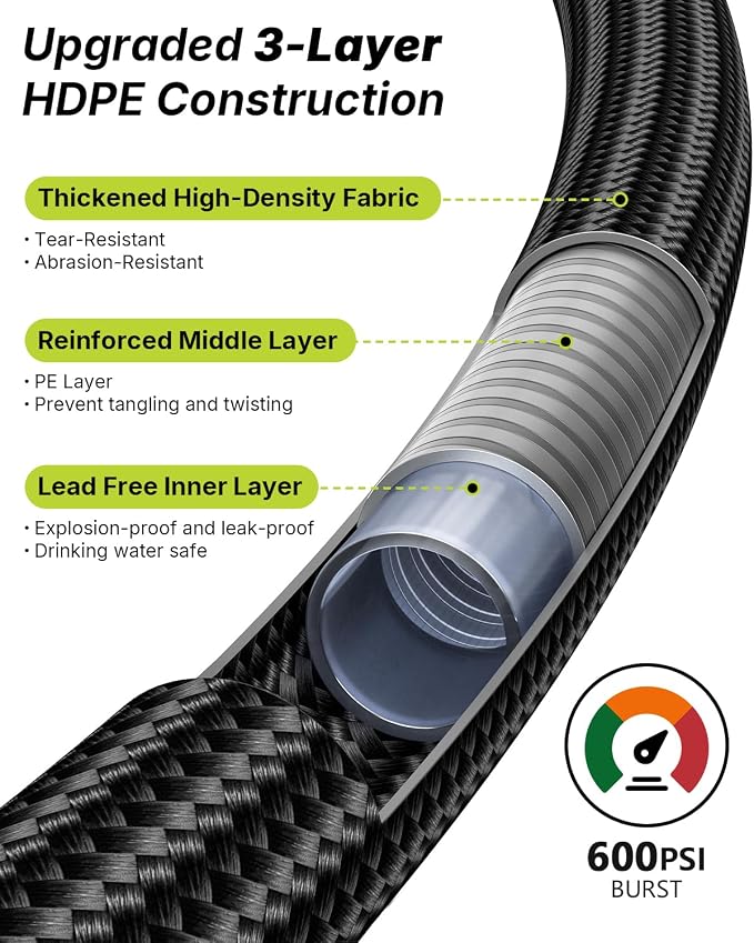 Garden Hose, Flexible Ultra Lightweight Durable, Kink-Free Water Hose with 10 Function Sprayer - Non-Shrinking, Easy to Store, All-Weather, High-Pressure, Black (50 FT)