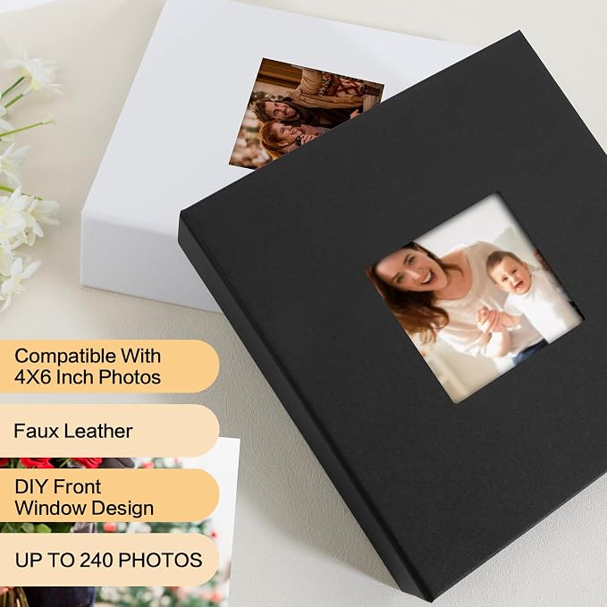 4x6 Photo Album Holds 240 Photos with Writing Space, Leather Cover Picture Book with Front Window for Family Wedding Baby Travel & Graduation Memories, Black