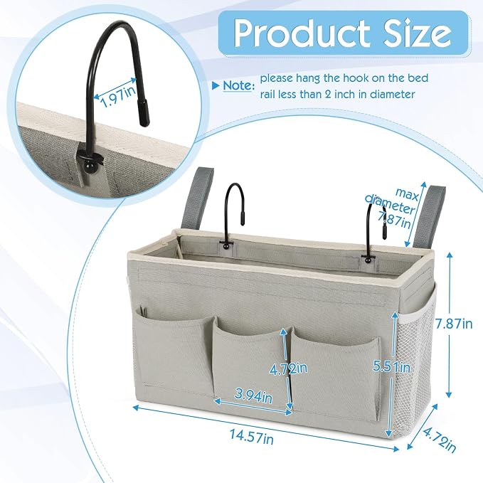 Bedside Caddy Bedside Storage Bag for Headboards/Bunk Bed | Hanging Bed Caddy with Hooks fits Bunk bed Hospital Beds Dorm Bed Rails, Essentials for Phones, Books, Remotes, Water Bottles