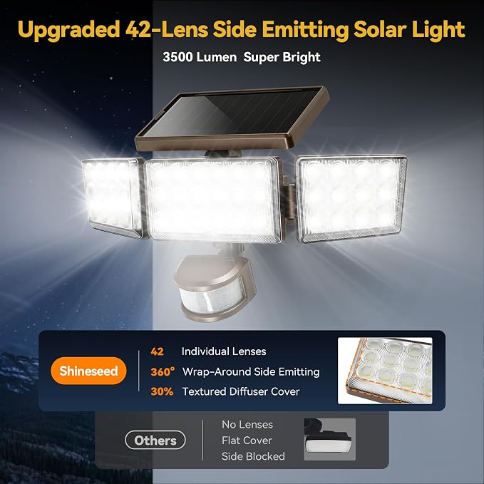 Solar Lights Outdoor, 3500LM 168 LED Motion Sensor Solar Flood Lights, 3 Heads 300° Wide Angle, 3 Modes IP65 Waterproof Solar Security Lights for Yard Garden Patio, 2 Pack (Brown)
