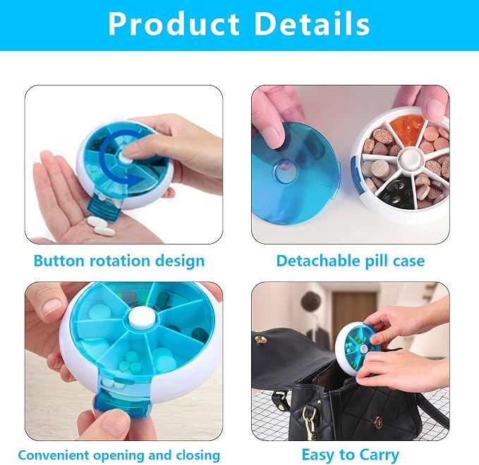 INVODA Rotating Weekly Pill Dispenser 7 Day 3 Times Medicine Pill Planner with 7 Compartments
