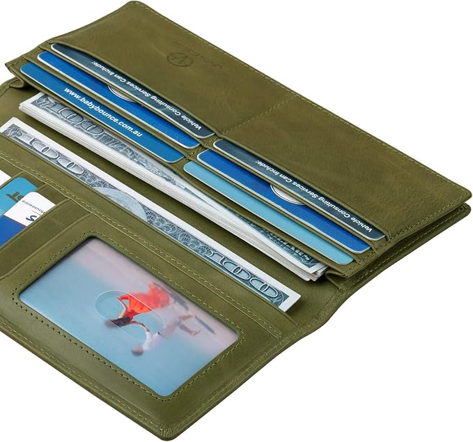 VISOUL Leather Checkbook Cover Wallet for Men with RFID Blocking, Mens Long Bifold Cash Tall Wallet with 11 Credit Card Slots 1 ID Window (Olive Green)