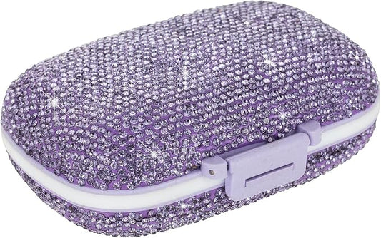 Bling Travel Pill Organizer Cute Pill Box with Labels Rhinestone Pill Case for Purse Portable Daily Pill Container 7 Day Medicine Holder for Vitamin Supplement(Purple)