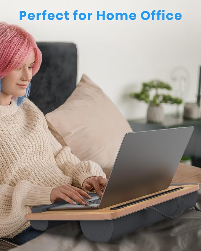 HETTHI Portable Lap Desk, Laptop Stand for Bed with Soft Wrist Rest, Tablet/Phone Slot, Fabric Handle, Laptop Bed Desk with Cushion (Light Brown)