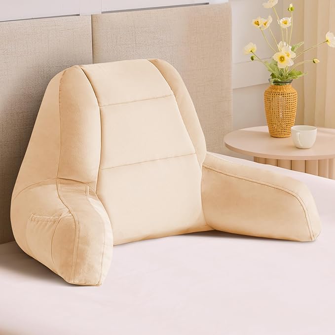 Reading Pillows for Sitting in Bed Adult, Back Pillow for Bed Sitting Up, Backrest Pillows with Shredded Foam for Adult&Teens, Support Pillow with Arms for Beds, Couch, Floor, 20in, Beige