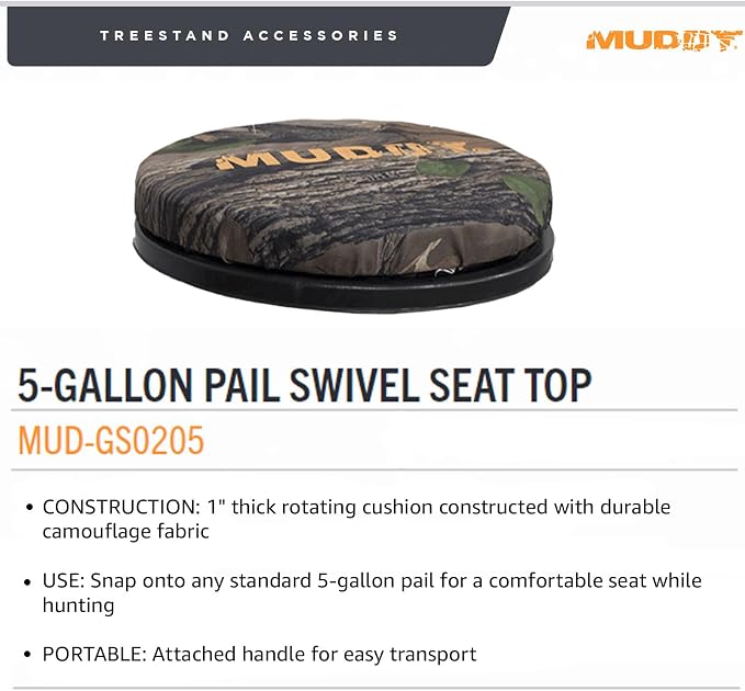 Muddy 5-Gallon Pail 360-Degree Swivel Seat Top - Durable Camouflage Lightweight Portable All-Day Comfort Hunting Outdoor Rotating Cushion with Attached Handle (Pack of 2)