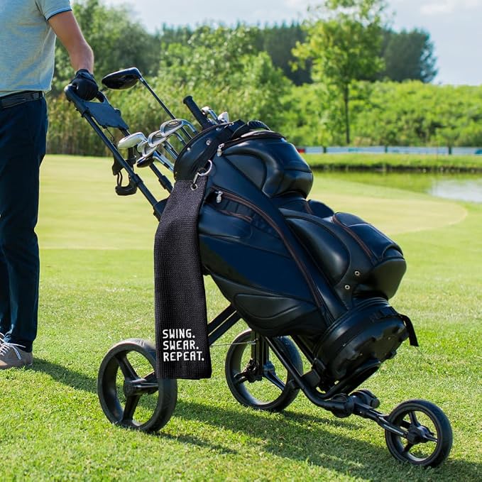 Swing Swear Repeat Embroidered Golf Towel, Funny Towels for Golf Bags with Clip, Golf Accessories for Men Women, Birthday Retirement Gifts for Grandpa Dad Golfer, Golfing Gifts for Grandpa Bro