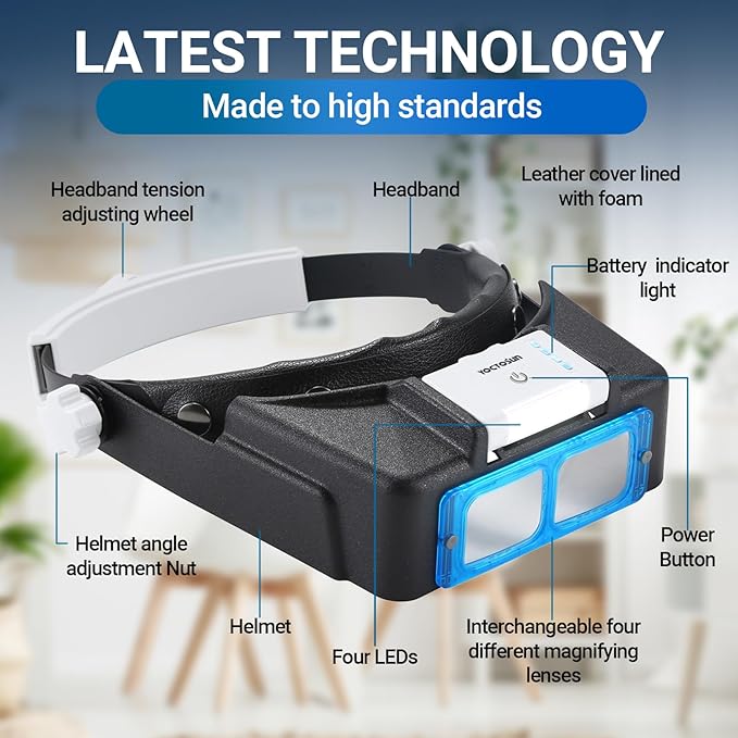 YOCTOSUN Magnifying Glasses with Light for Close Work, Rechargeable Headband Magnifier with 4 Lenses 1.5X-3.5X, Hands Free Head Magnifying Visor for Hobby, Jewelers, Reading, Crafts