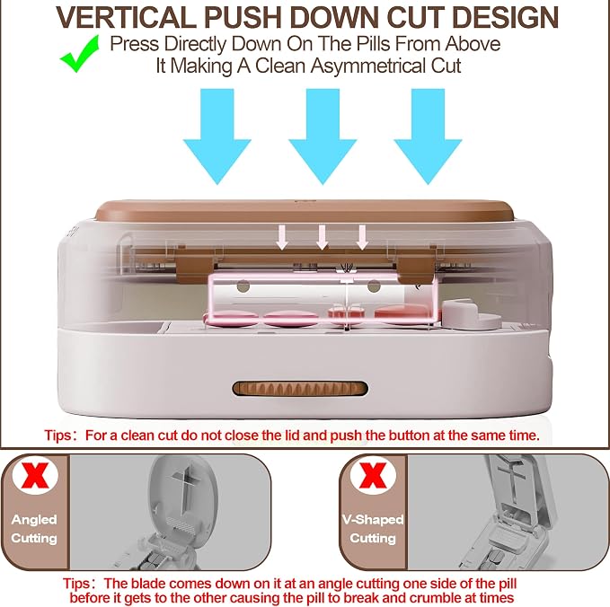 Pill Cutter Splitter for Small and Tiny Pills, Vertical Push Down Cut Pill Cutter 1/4 1/3 1/2, Accurate Pill Cutter for Small or Large Pills with Storage Cleaning Brush Pill Crushers for Elderly Pets