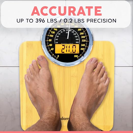 Hybrid Bathroom Scale - Analog & Digital Display, Accurate to 400 lbs | See weight on both an analog dial and digital LCD at once. Wide glass platform, accurate to 0.2 lbs, batteries included.