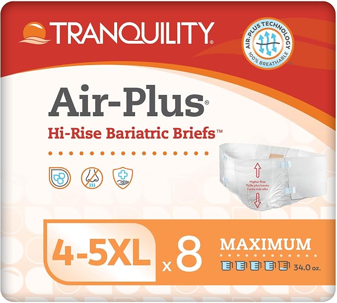 Tranquility Bariatric Disposable Briefs 4X-Large with AIR-Plus Fully Breathable Fabric for Skin Dryness & Integrity, Latex-Free, 34oz Capacity, 8ct Bag